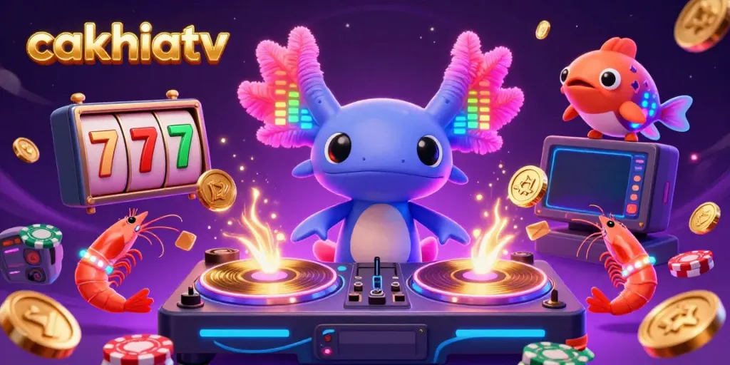 Cakhiatv brings excitement to gambling with vibrant 3D illustration featuring a DJ axolotl and lively sea creatures.