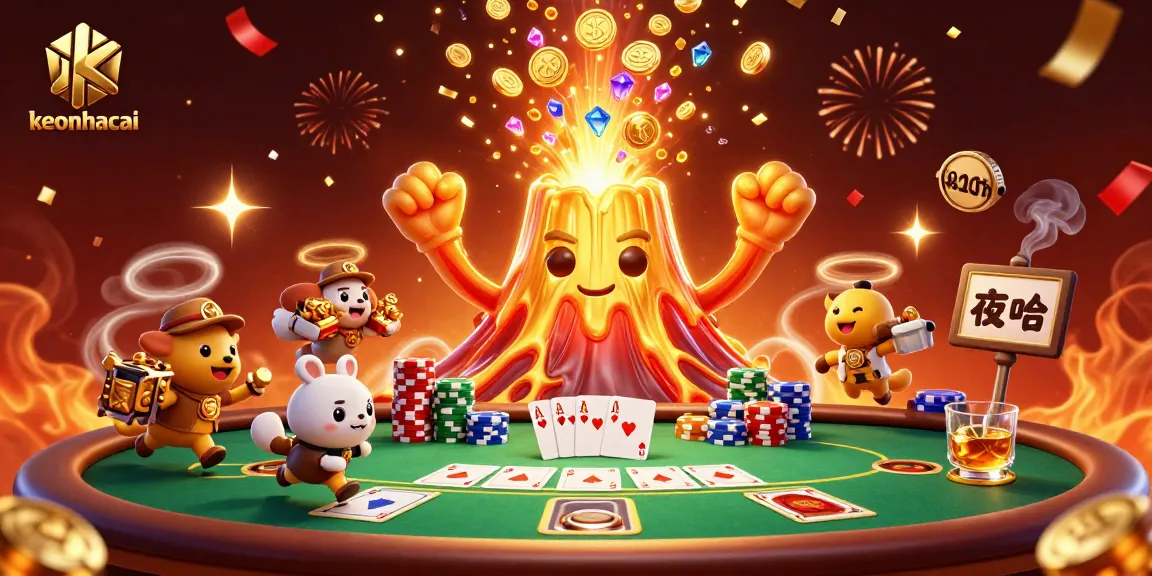 Watch keonhacai's thrilling gold volcano erupting coins amidst a vibrant poker scene filled with treasures.