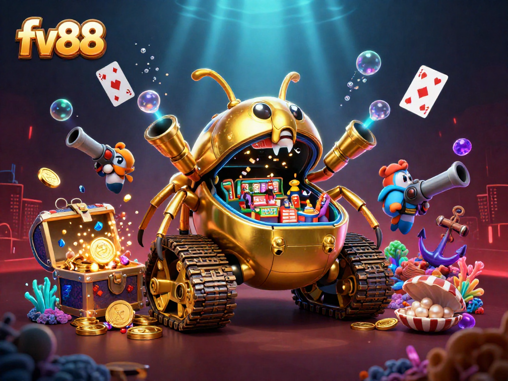 Experience thrilling games with fv88 in an ultra-detailed casino world featuring a golden beetle tank and festive elements.