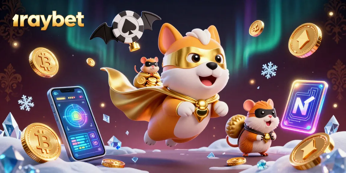 Join the excitement at raybet as a superhero dog and hamster fly through a dynamic casino scene.