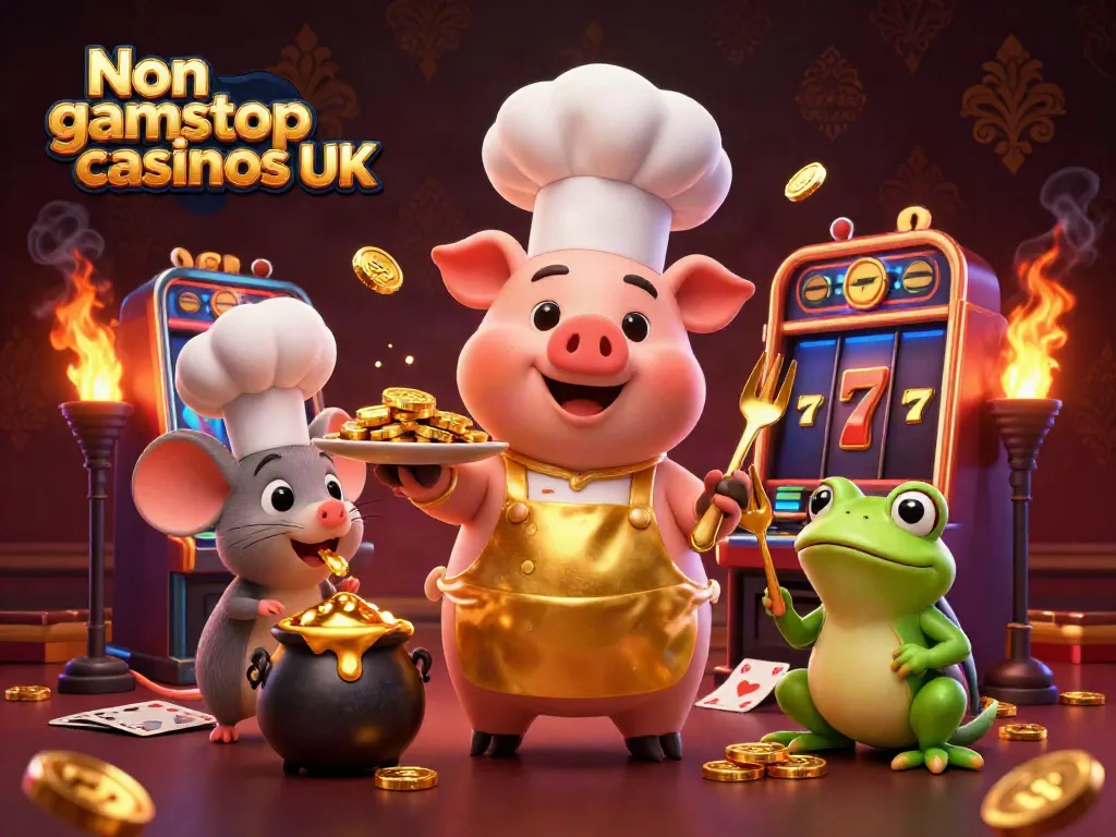 Experience the thrill of Non gamstop casinos UK with our vibrant casino-themed illustration featuring playful characters and slot machines.