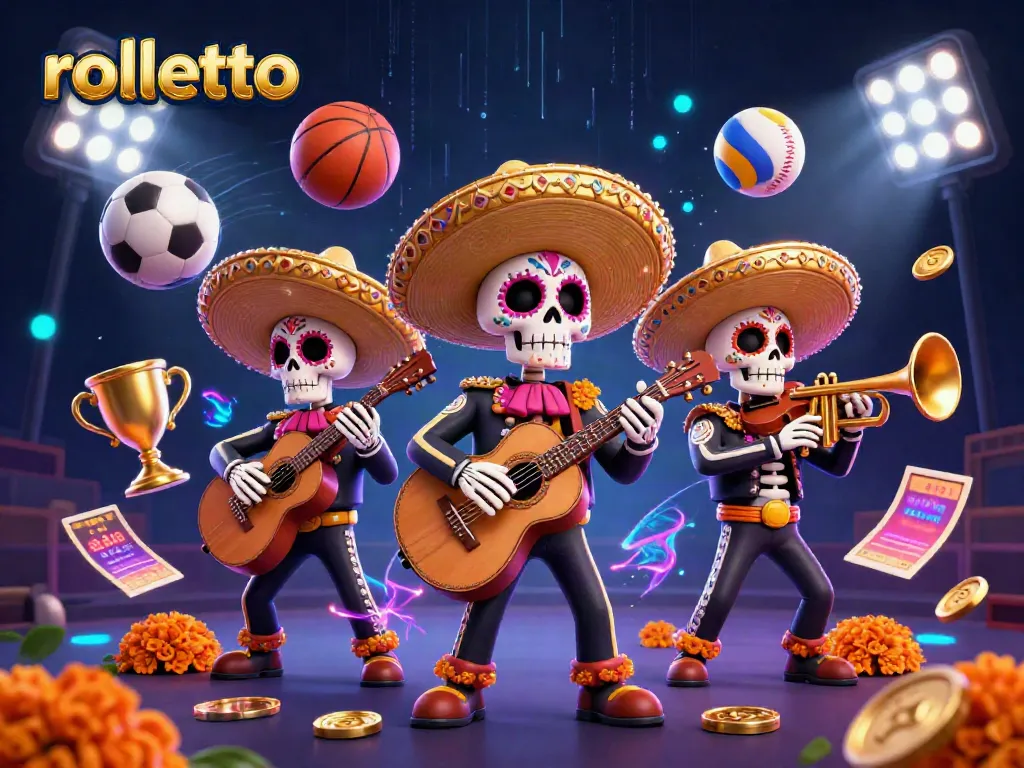 Engage with rolletto's vibrant casino experience featuring dynamic mariachi characters amidst sports elements.