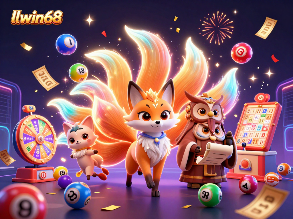 Experience excitement at llwin68 with a vibrant lottery scene featuring colorful floating elements.