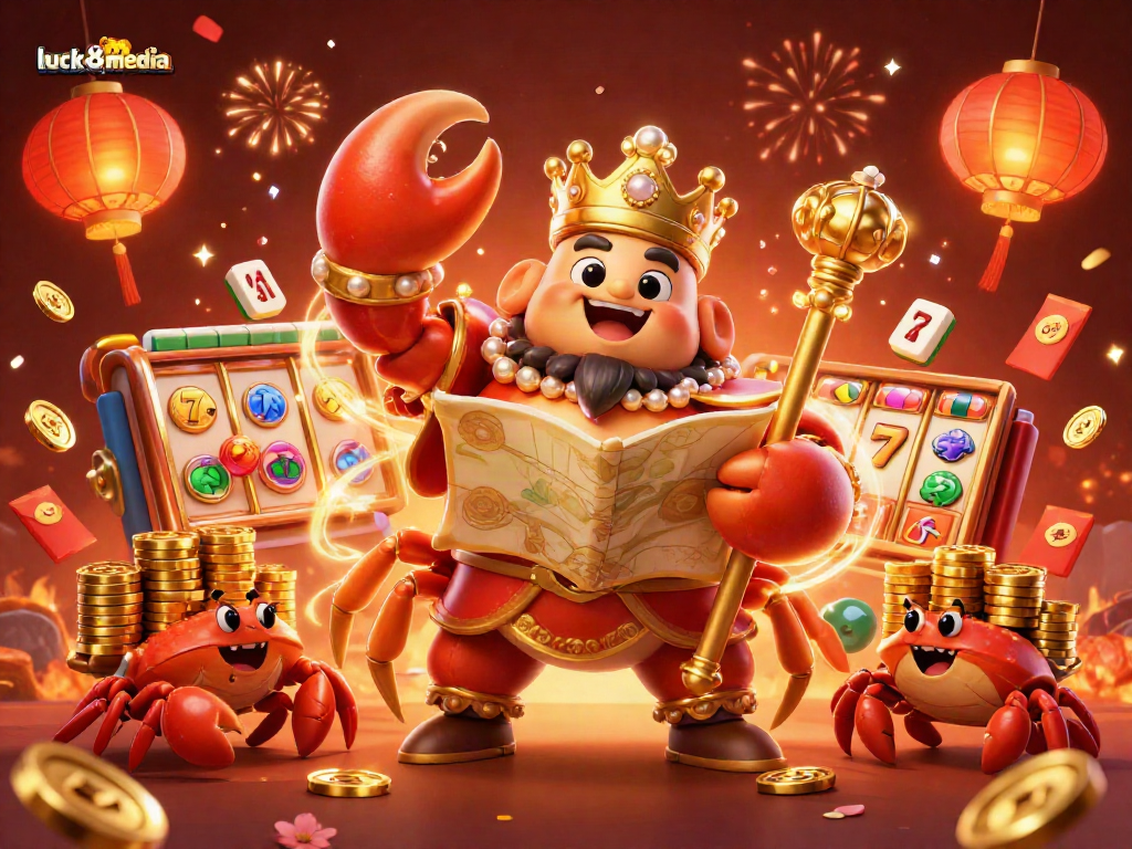 Experience luck8media's vibrant casino scene with a golden crab emperor amidst rich game symbols.