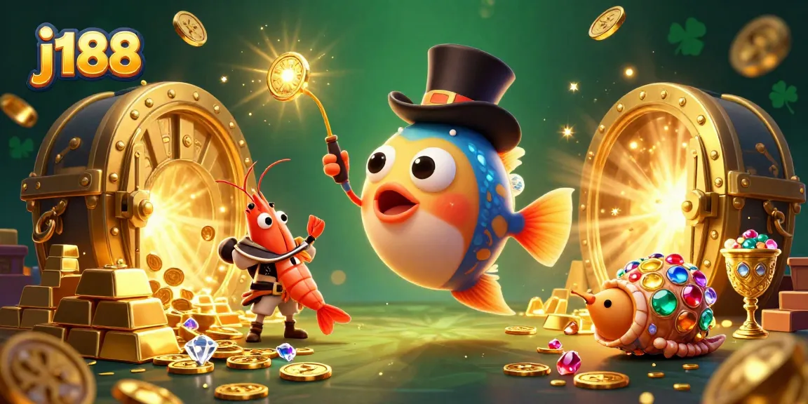 j188 engages players with a dynamic anglerfish, shrimp and sea snail in a treasure-filled casino scene.