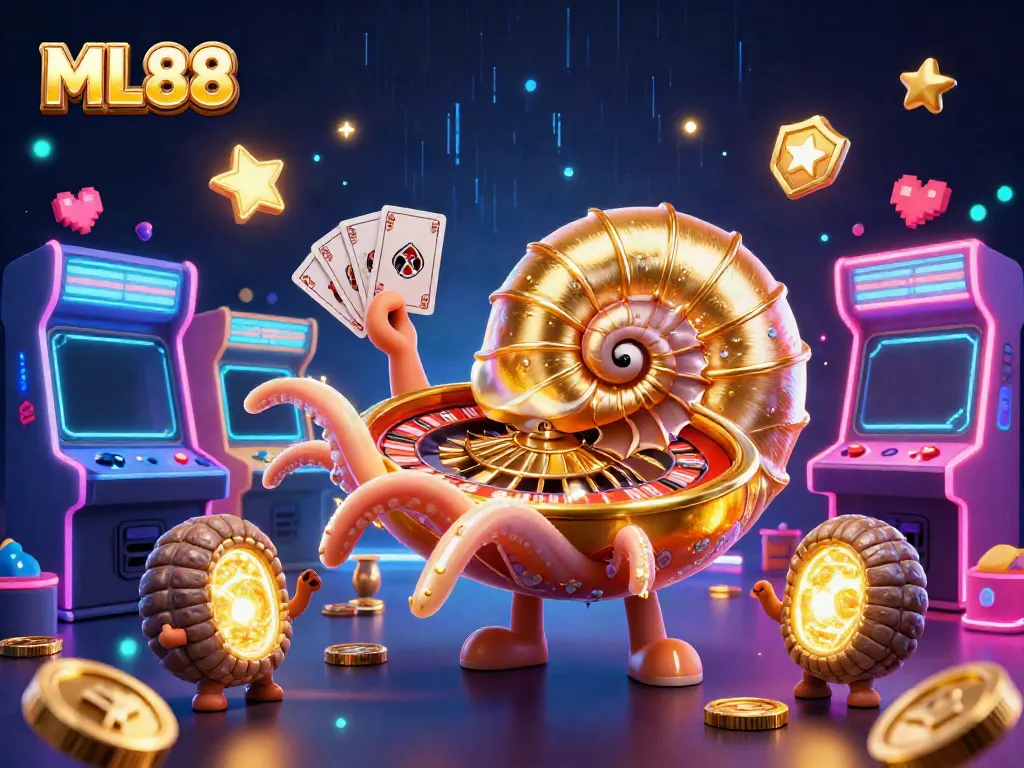 Experience the thrilling world of ML88 with a giant nautilus roulette wheel and vibrant casino elements.