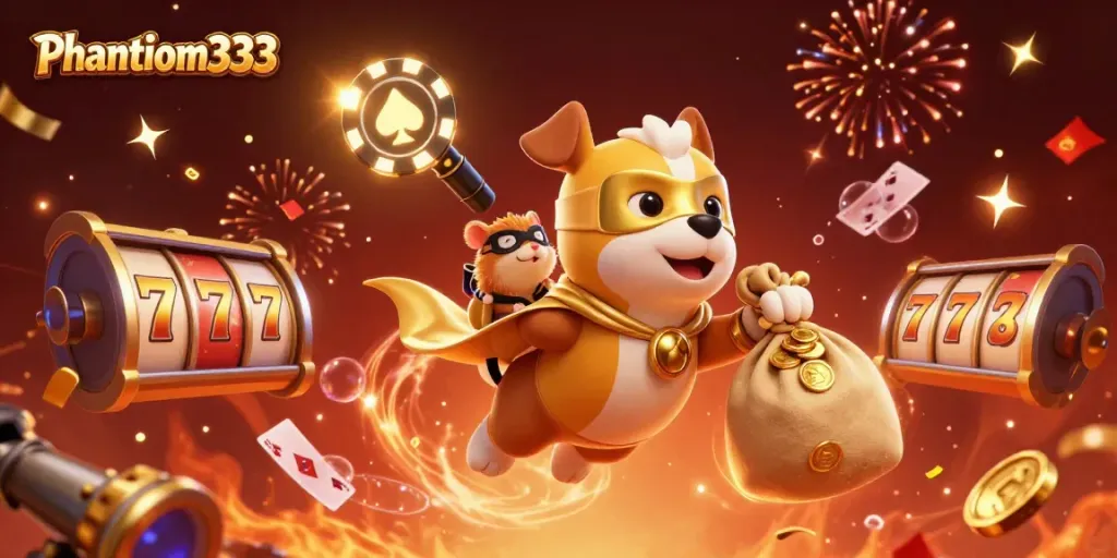 Engage with Phantom333: A superhero dog and hamster amidst vibrant casino elements, highlighting jackpot excitement.