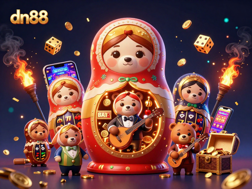 Join the excitement at dn88 with charming bears in casino dealer outfits, celebrating wins amidst dazzling graphics.
