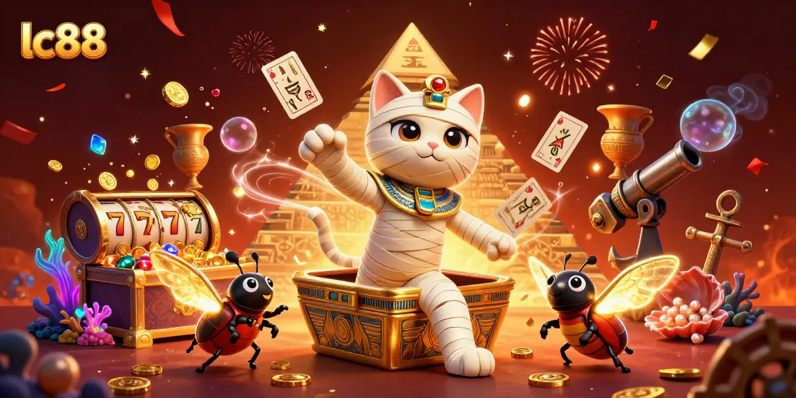 Experience high-stakes fun at lc88 with a cartoon Egyptian mummy cat amidst casino treasures.