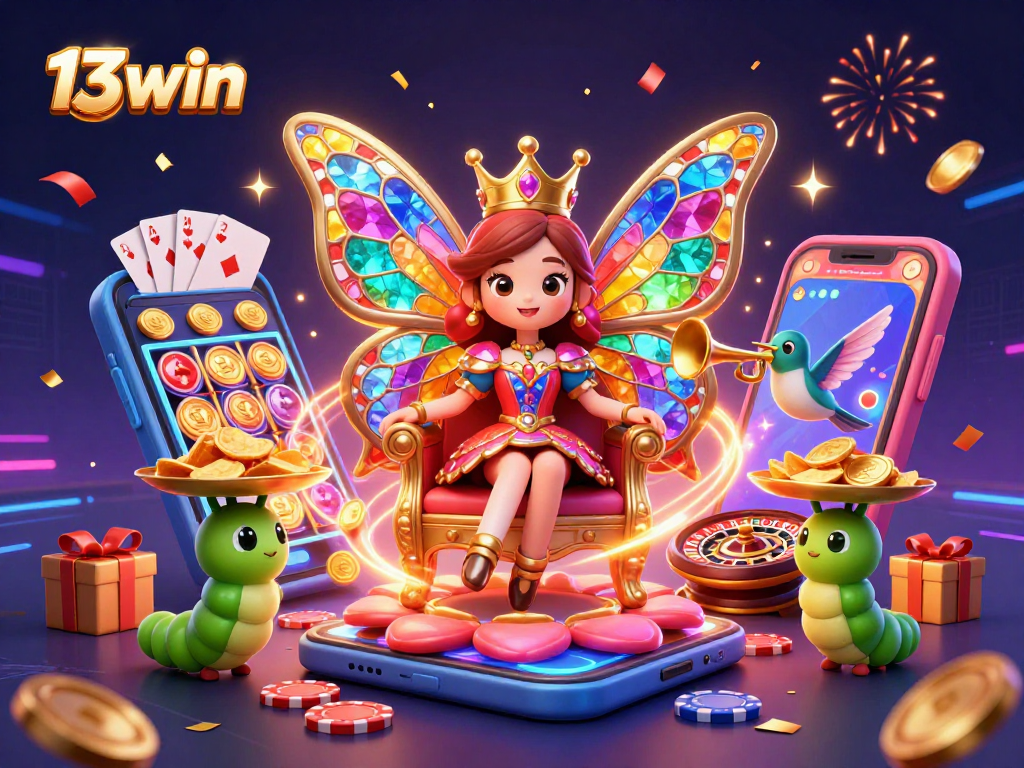Experience the vibrant gaming excitement of 13win with enchanting casino illustrations featuring slots and celebratory elements.