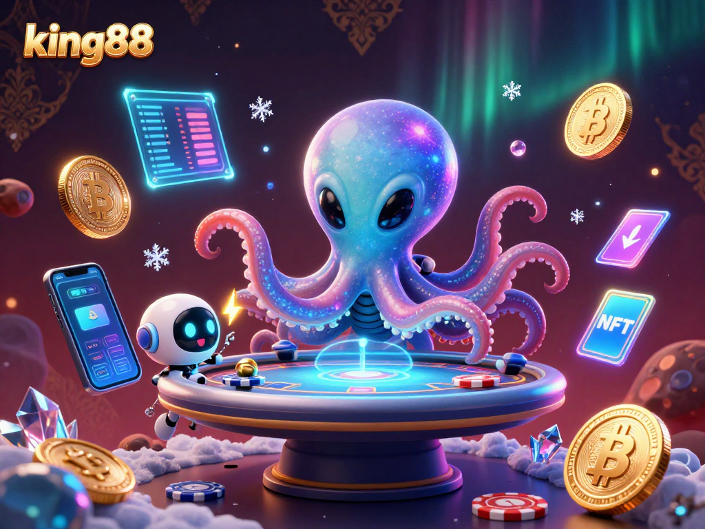 Engage in king88's thrilling poker action with an alien octopus and crypto-themed elements.