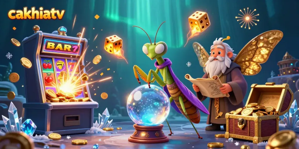 Cakhiatv interactive scene showcasing fortune teller, moth librarian, and casino elements.