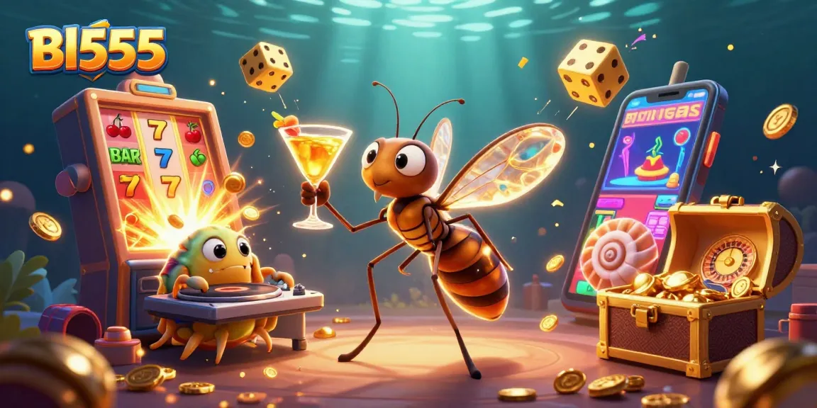 Experience winning at Bl555 with a vibrant casino illustration featuring dynamic characters and exciting game elements.