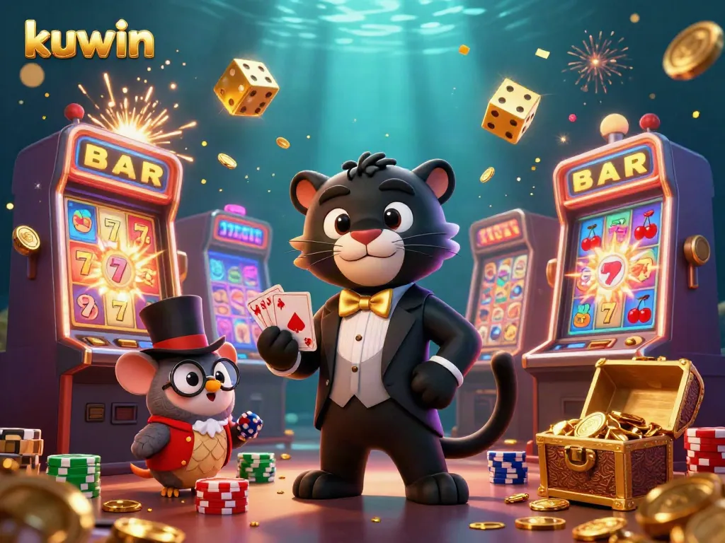 Kuwin's vibrant casino scene with a tuxedo panther dealing cards amidst bursting slot machines and festive decor.