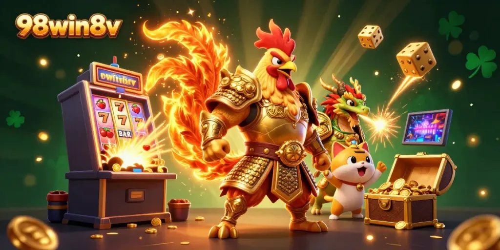 Win big at 98win8v with engaging characters amidst a vibrant casino atmosphere, celebrating the excitement of gaming.
