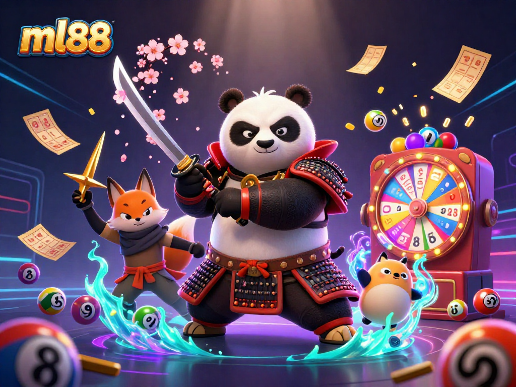 Experience the thrill of ml88 with samurai panda and ninja fox amidst vibrant lottery action.