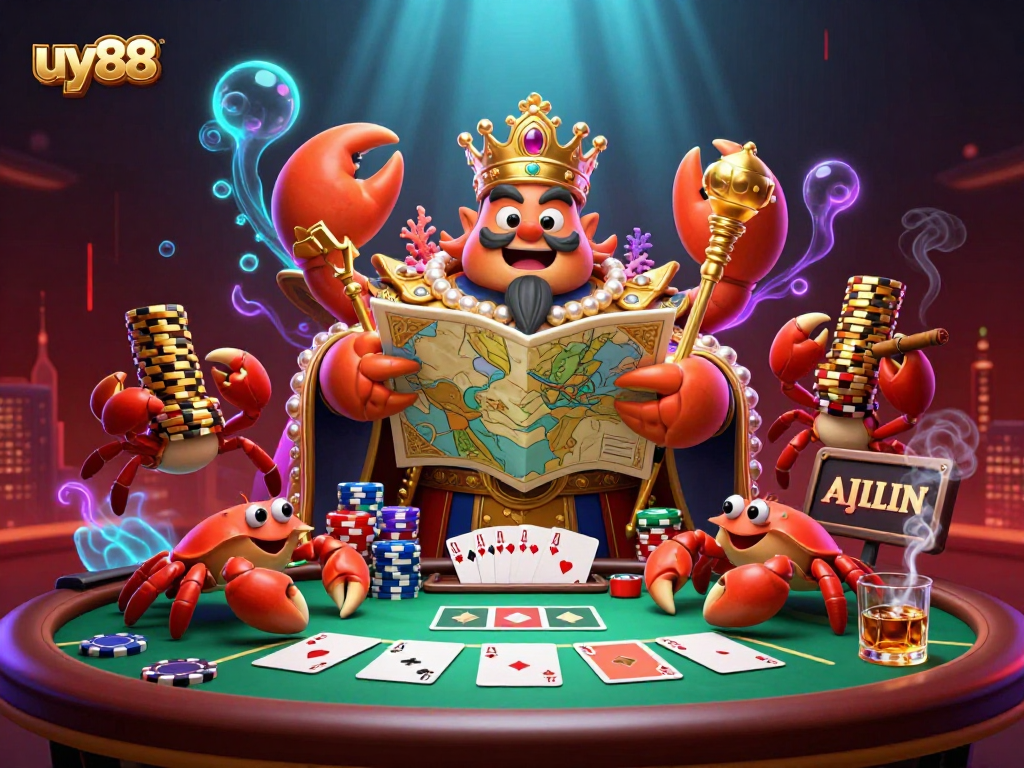 Engage in thrilling gameplay with uy88 at a lively scene featuring a golden crab emperor amidst poker chips and cards.