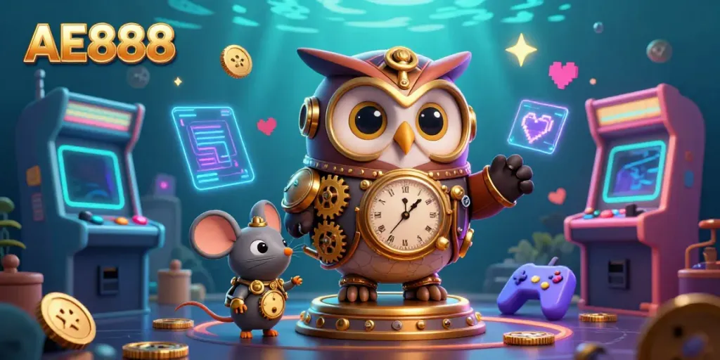 Engage with AE888's vibrant gaming scene featuring cartoon characters in a rich casino illustration.