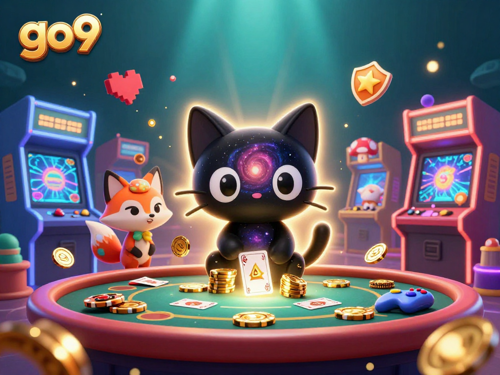 Experience the thrill of go9 as a cosmic black hole cat draws in golden chips at a vibrant casino table.