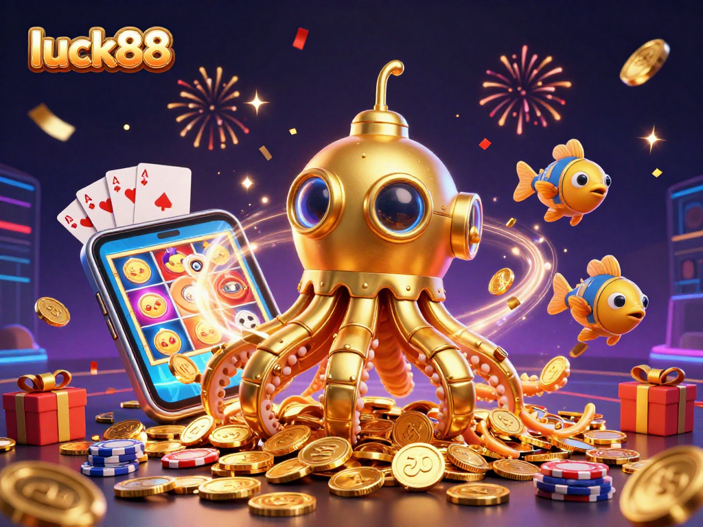 Experience thrilling wins with luck88 at this dynamic casino-themed illustration with vibrant gaming elements.