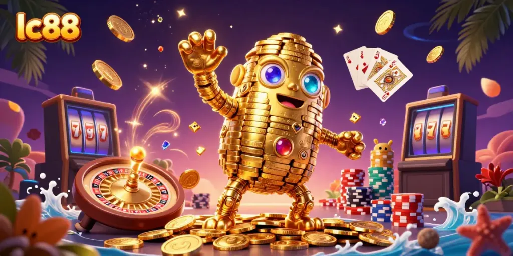 Experience thrilling gameplay at lc88 with a vibrant illustration of a golden golem and casino elements.