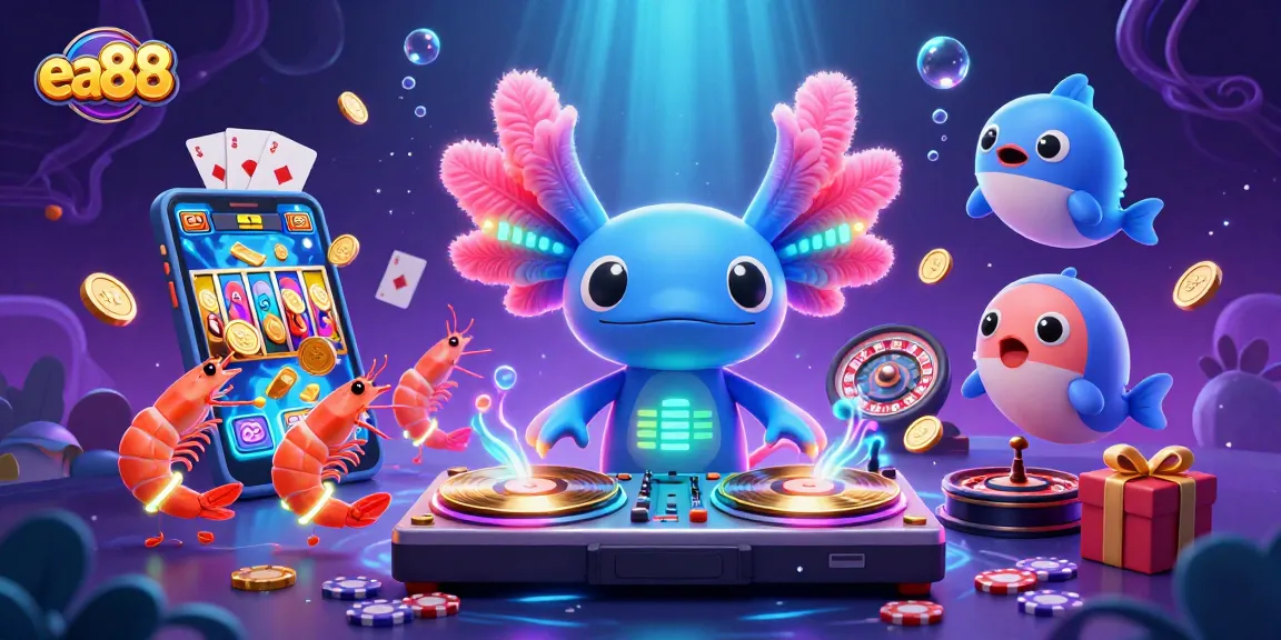 ea88's vibrant casino scene features a DJ axolotl, dancing shrimp, and lively gaming elements.