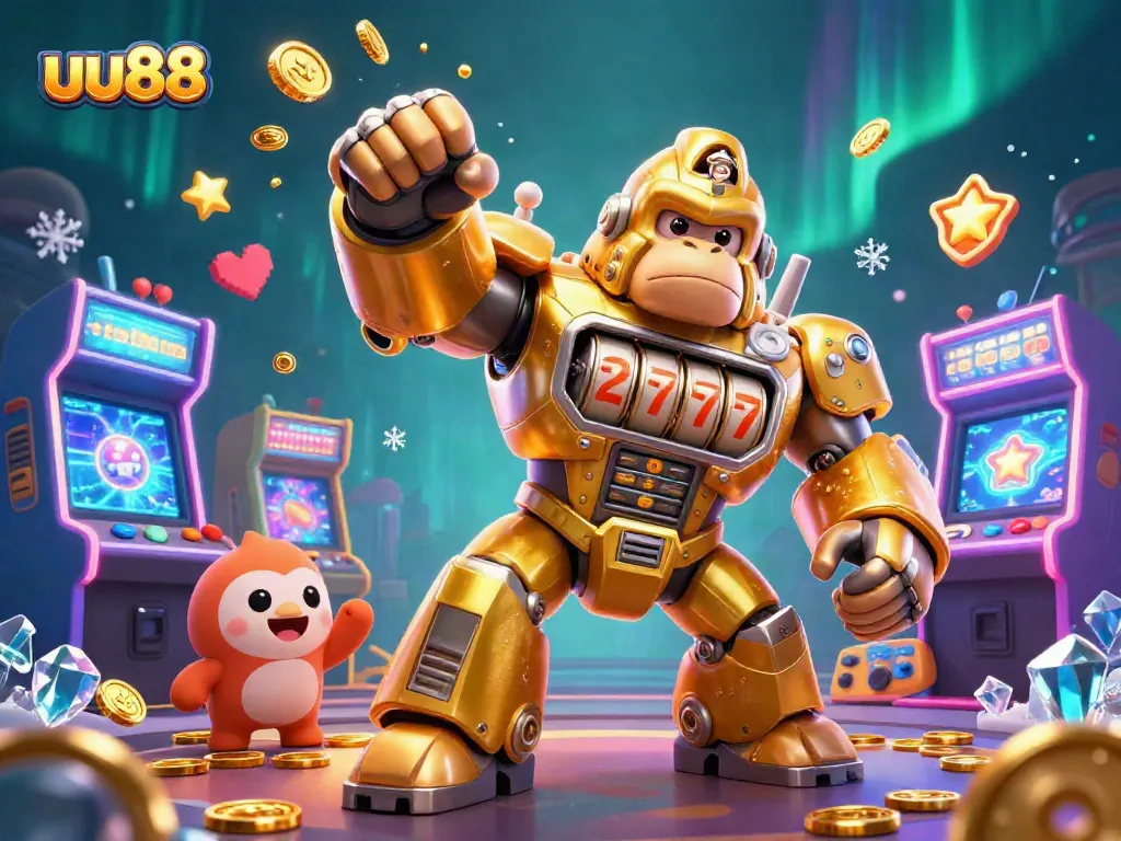 uu88 brings excitement with a golden mech and game elements set in a vibrant casino scene.