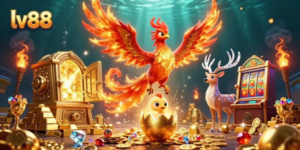 Experience the excitement of lv88 with a vivid 3D gaming atmosphere featuring magical characters and slot machines.