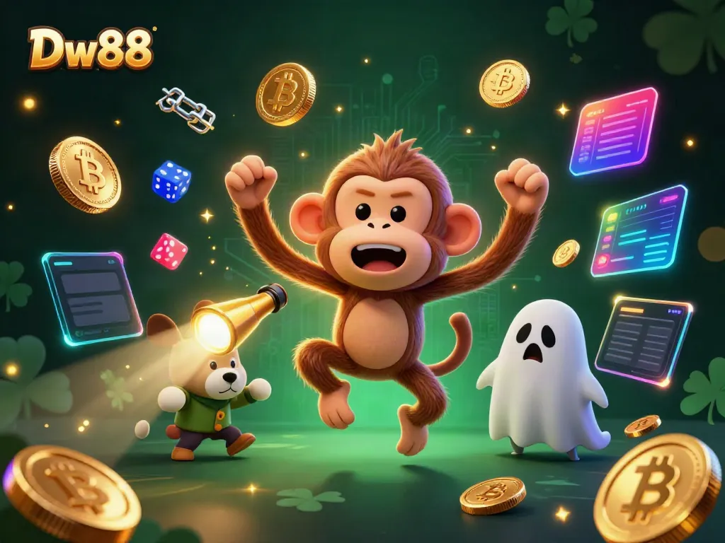 Experience thrilling gameplay at Dw88 with a playful poltergeist monkey juggling golden casino items.