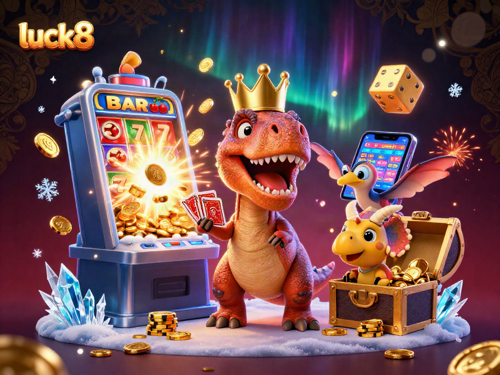 Experience luck8 with playful characters in a vibrant casino-themed 3D illustration.