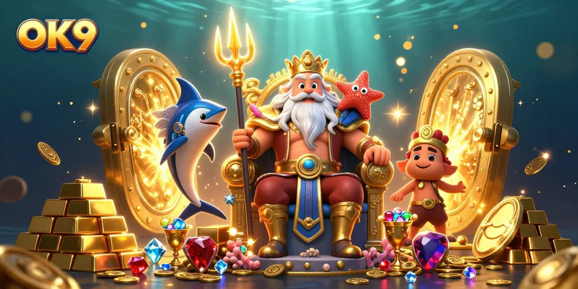 Experience thrilling gameplay at OK9 with Neptune and treasures in this 3D casino illustration.
