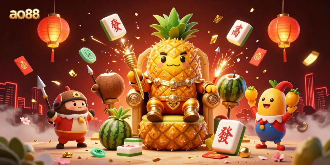 Experience the vibrant ao88 casino atmosphere with a golden pineapple king surrounded by festive elements and fun.
