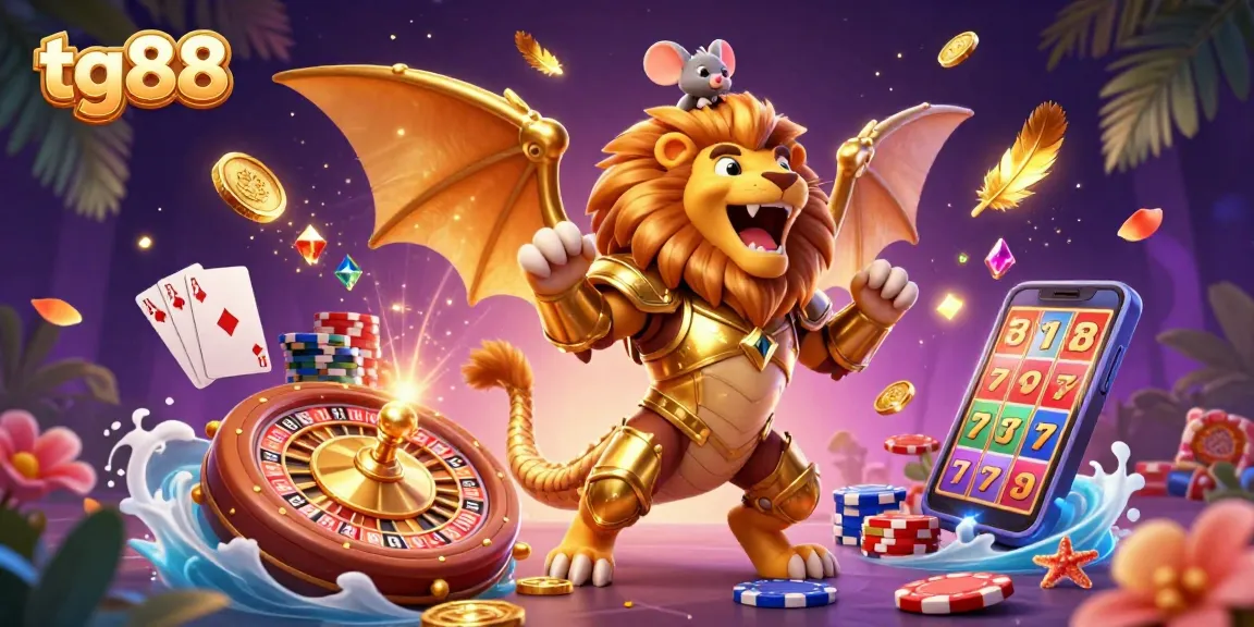 Experience the excitement of winning at tg88 with a dynamic 3D casino scene featuring a chimera and royal flush cards.