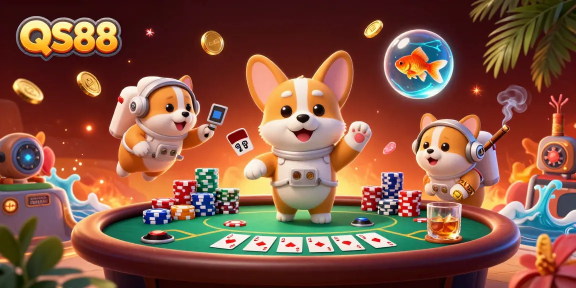 Experience the excitement of QS88 with a cosmic casino scene featuring cartoon characters and poker chips.