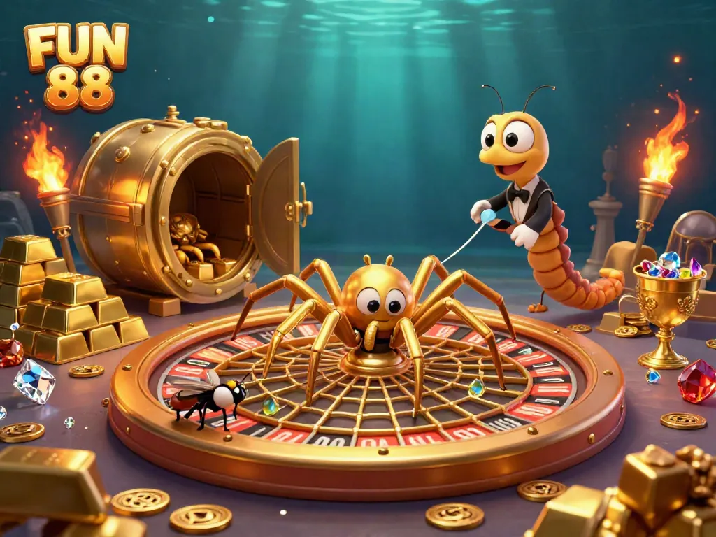 Engage in thrilling bets at FUN 88 with a dynamic roulette wheel scene featuring treasures and excitement.