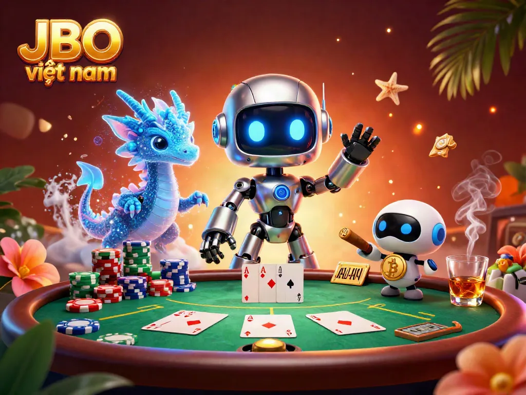 Engage in thrilling poker action with JBO việt nam's animated casino scene featuring a cyberpunk robot, holographic dragon, and bitcoin drone.