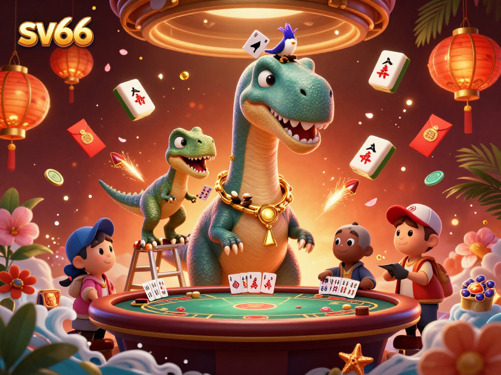 Engage in exciting gameplay at sv66 with a giant dinosaur watching a thrilling poker game.