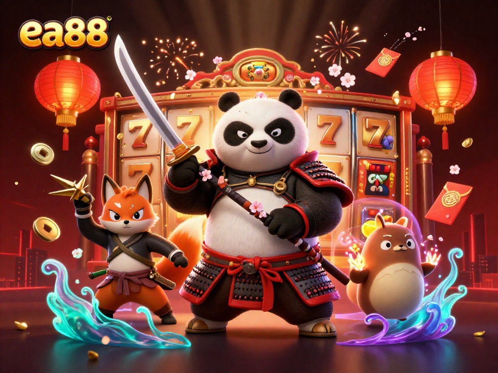 ea88 showcases a dynamic gambling scene with whimsical characters and vibrant slot elements.