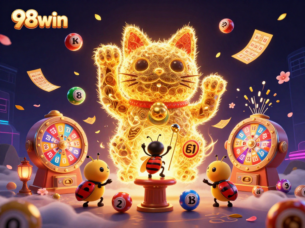 Experience the vibrant energy of 98win with playful golden fireflies and casino elements.
