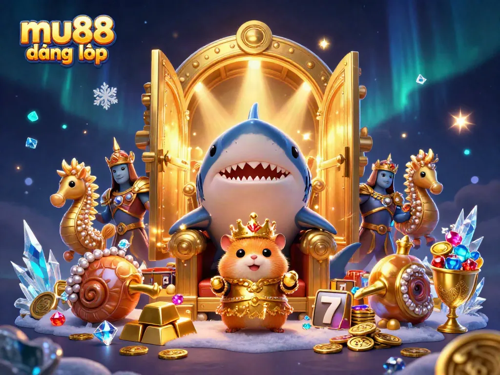 Spin the reels of mu88 đăng nhập to win riches with a fierce golden hamster king amidst sparkling treasures.