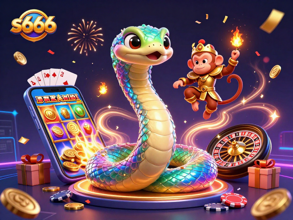 Spin the reels at s666 with an enchanting scene featuring a rainbow serpent and a monkey king in a vibrant casino.