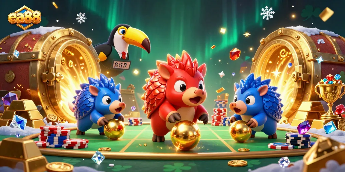 ea88 rivals dominate the casino scene with pangolins rolling jackpot balls and a toucan referee overseeing the game.