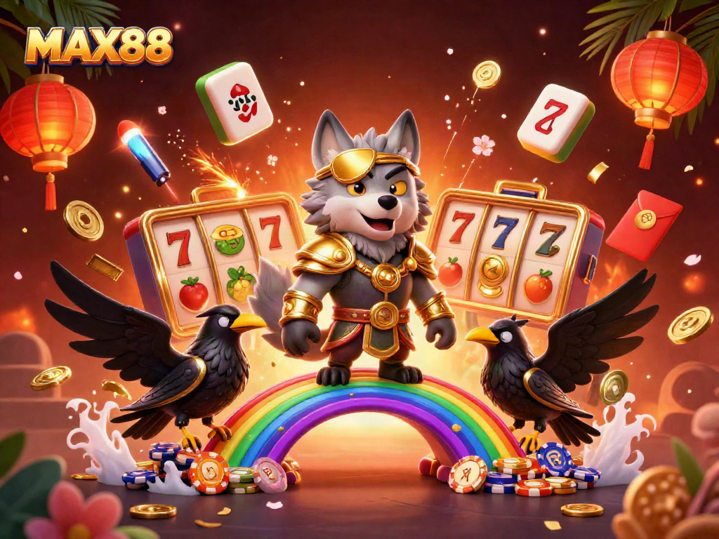 Engage with MAX88 through an exciting casino-themed illustration filled with vibrant gaming elements.