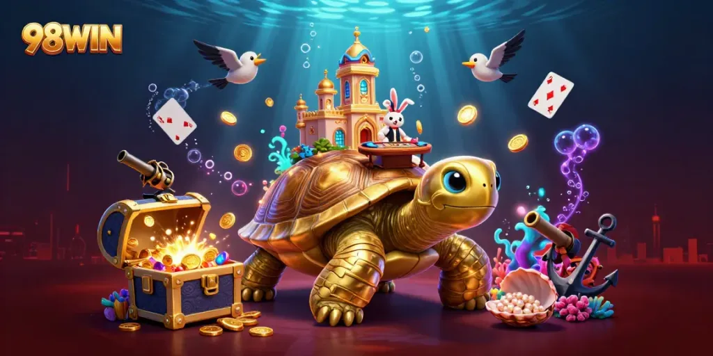 Experience thrilling gaming adventures with 98WIN in vibrant, dynamic 3D illustration.