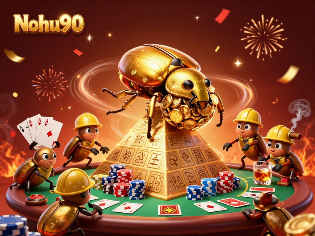 Nohu90 showcases a golden beetle rolling coins up a pyramid, symbolizing casino success.