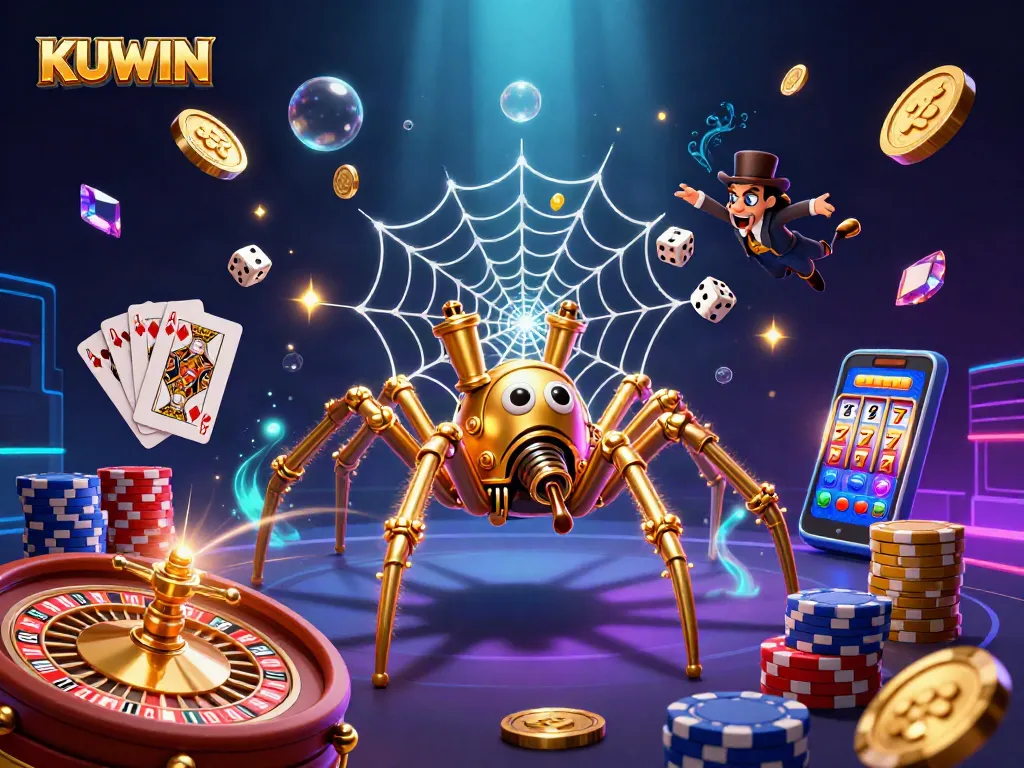 KUWIN players enjoy an exhilarating casino experience with a 3D steampunk spider catching dice amidst golden coins and vibrant game elements.