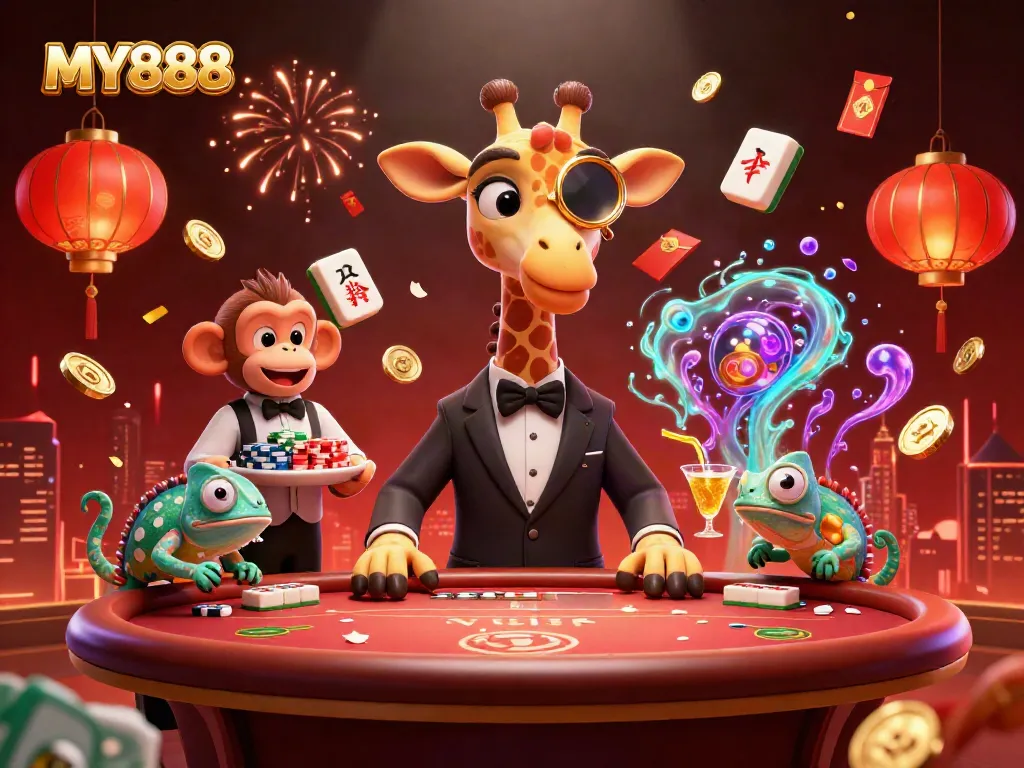 Experience MY888 at a vibrant casino scene featuring a high-roller giraffe, monkey valet, and a chameleon bartender.