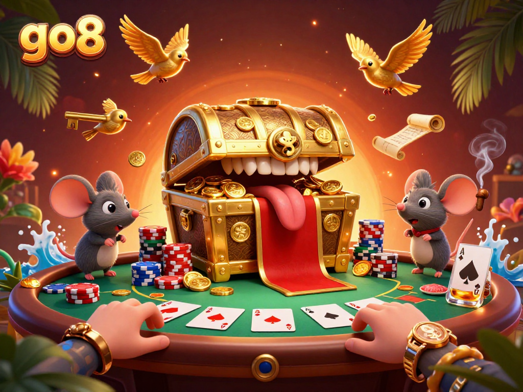 Engage with go8's vibrant 3D casino illustration showcasing treasure chests, poker elements, and colorful chips.