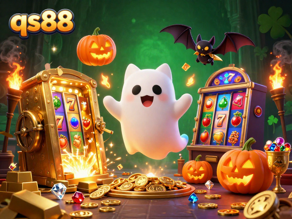 Engage with qs88 in a vibrant slots adventure featuring a ghost cat and glowing jackpots.