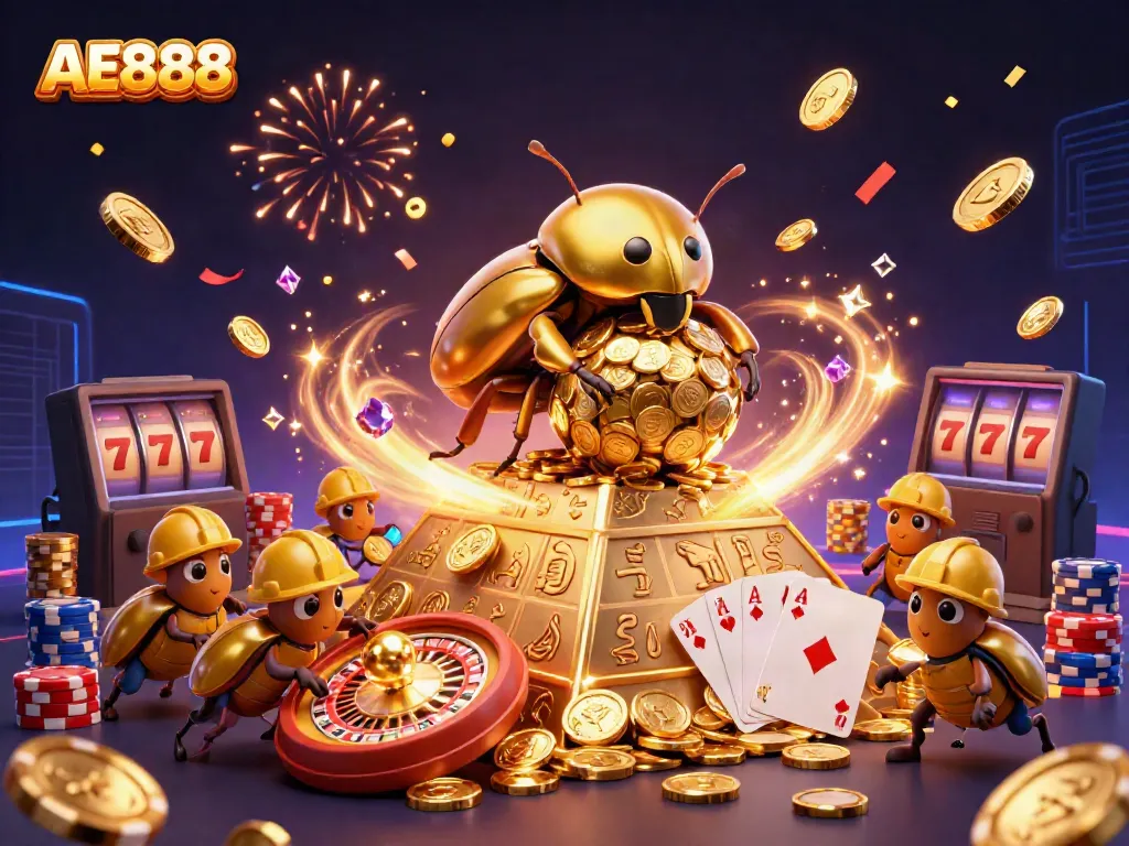 Experience the excitement of AE888 with a golden dung beetle illustrating casino elements and winning riches.